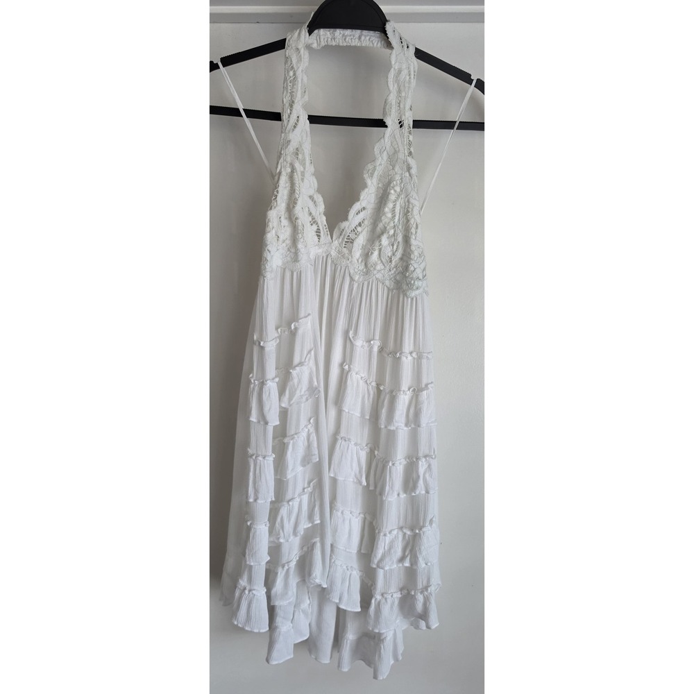 FP One Sleeveless Mini Dress White Cotton Boho Sundress Casual Lace Ruffle